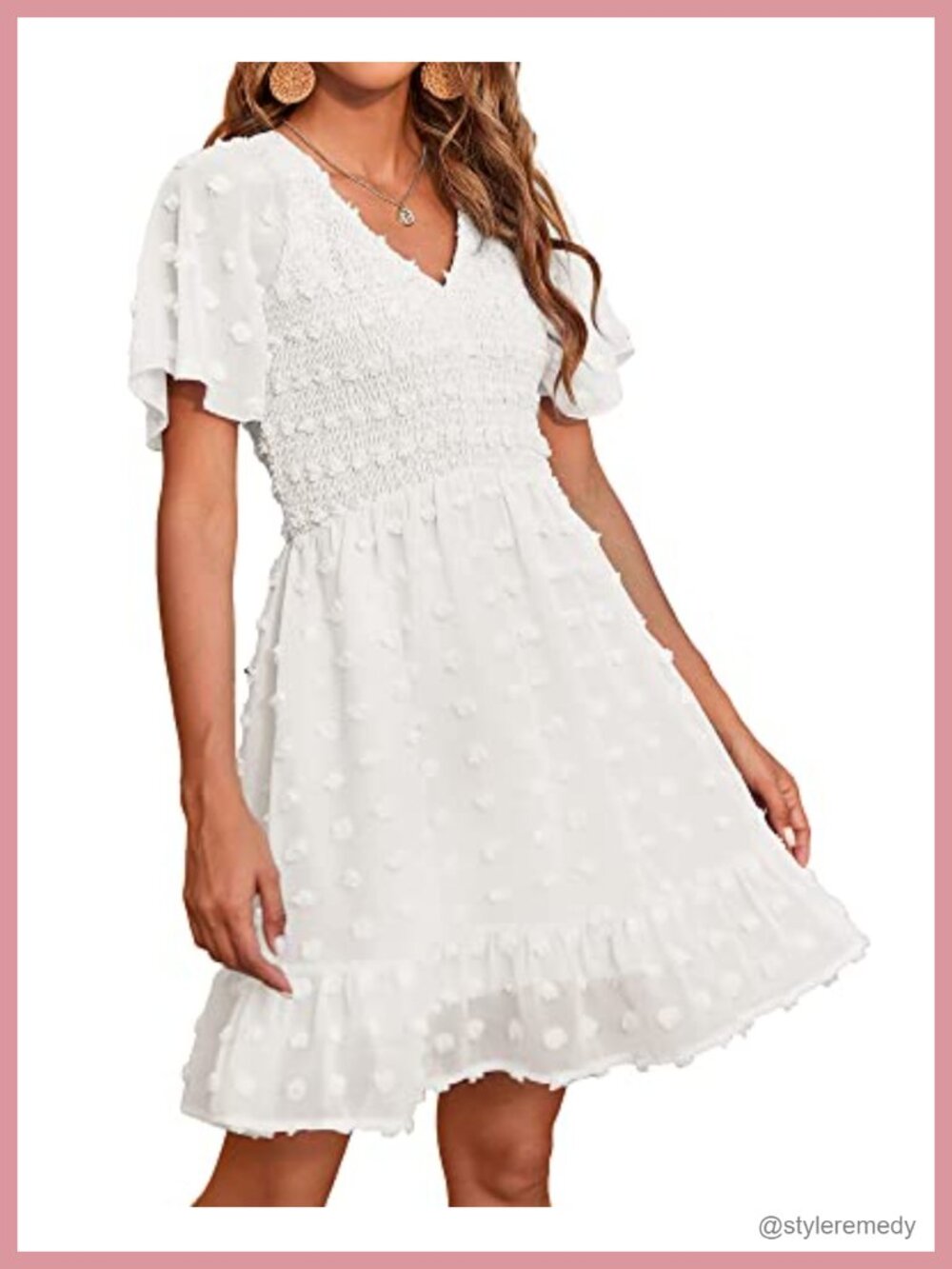 BTFBM Swiss Dot Mini Dress V-Neck Flutter Sleeve Smocked Boho Vacation